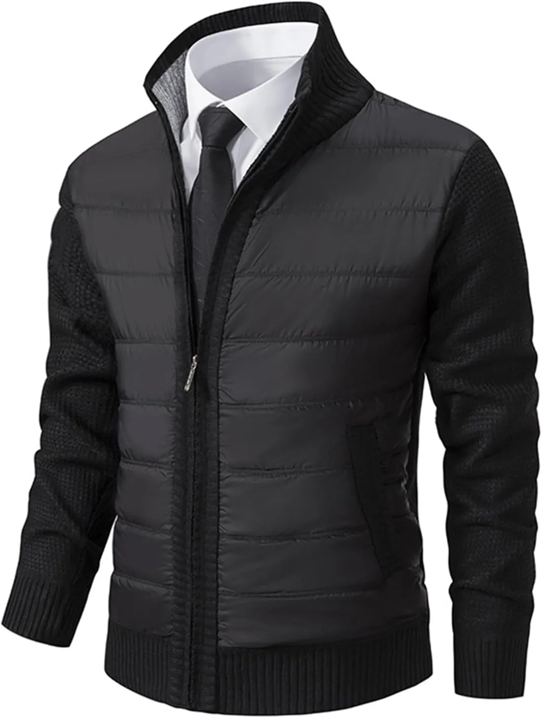 Men's Cardigan Sweaters Qiulted Puffer Jacket Casual Slim Fit Full Zip Sweaters Knitted Cardigan Jackets with Pockets
