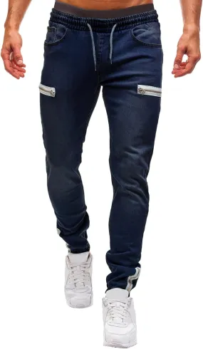 Men's Distressed Denim Pants Stretch Drawstring Pull-On Skinny Jeans Slim Fit Pencil Tapered Trousers Motocycle Biker Pants