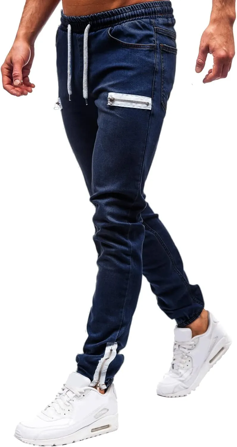 Men's Distressed Denim Pants Stretch Drawstring Pull-On Skinny Jeans Slim Fit Pencil Tapered Trousers Motocycle Biker Pants