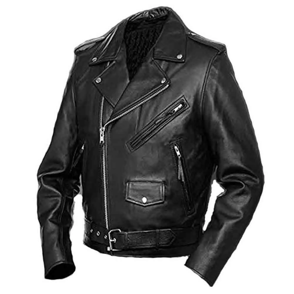Mens Genuine Cowhide Leather Black Brando Style Biker Jacket