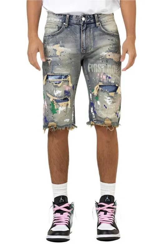 Mens Hand Paint And Logo Print Rip And Repair Jean Shorts
