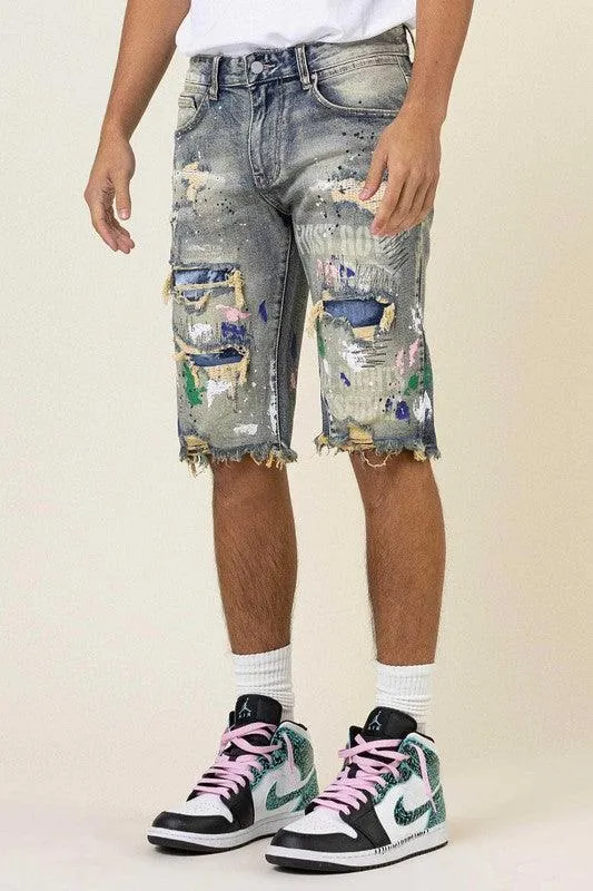 Mens Hand Paint And Logo Print Rip And Repair Jean Shorts