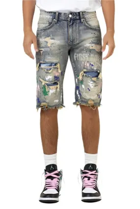 Mens Hand Paint And Logo Print Rip And Repair Jean Shorts