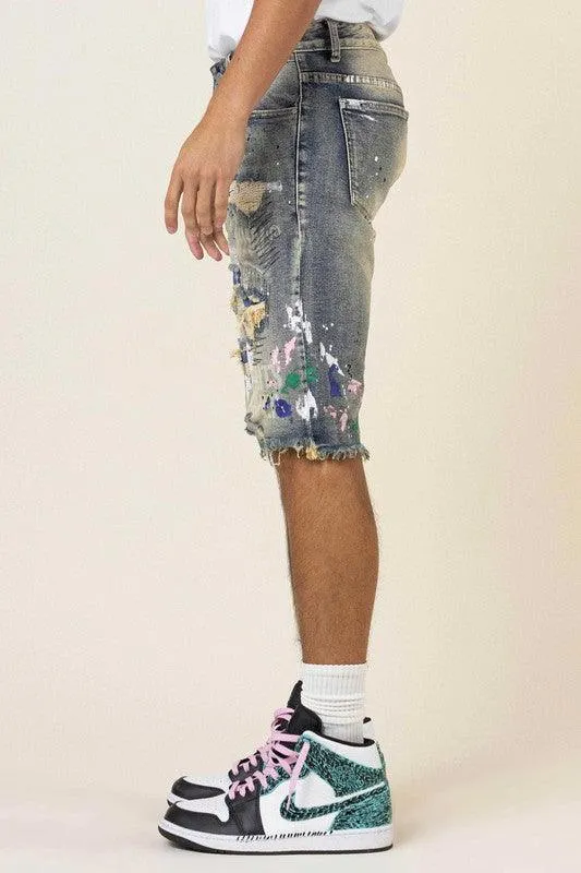 Mens Hand Paint And Logo Print Rip And Repair Jean Shorts