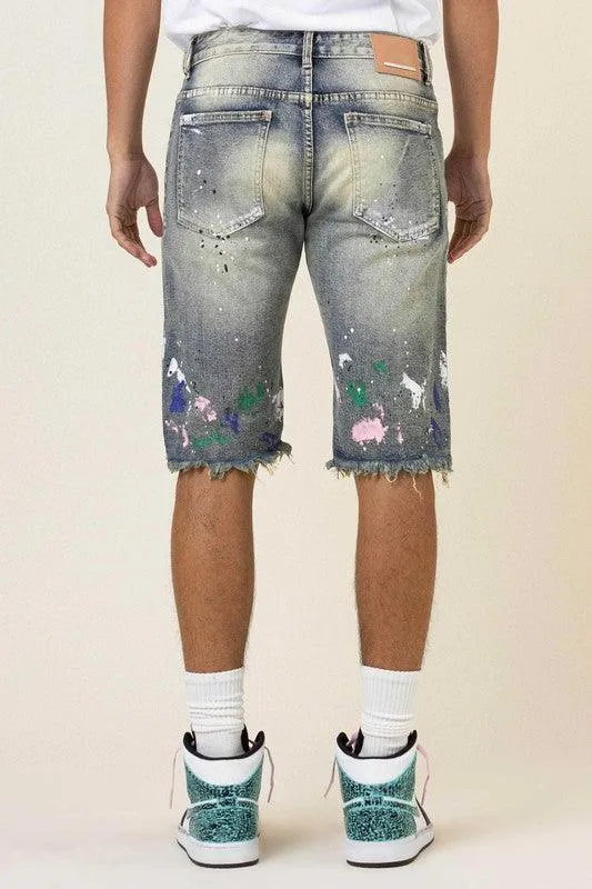 Mens Hand Paint And Logo Print Rip And Repair Jean Shorts