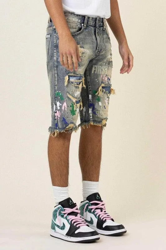 Mens Hand Paint And Logo Print Rip And Repair Jean Shorts