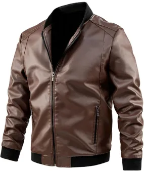 Mens Jacket and Autumn Loose Solid Color Zip PU Leather Jacket Short Lapel Motorcycle Leather Jacket Coat Faux