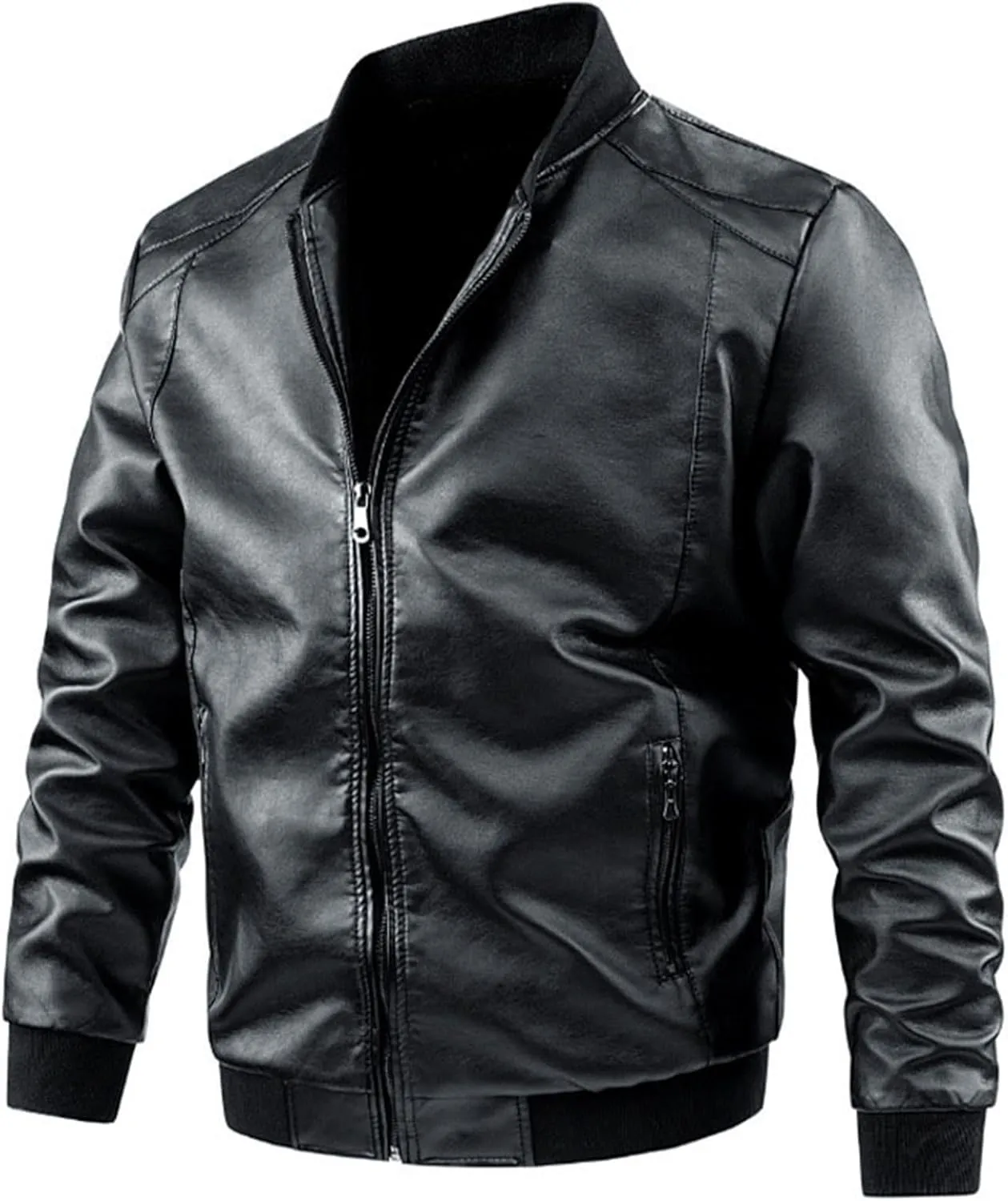 Mens Jacket and Autumn Loose Solid Color Zip PU Leather Jacket Short Lapel Motorcycle Leather Jacket Coat Faux