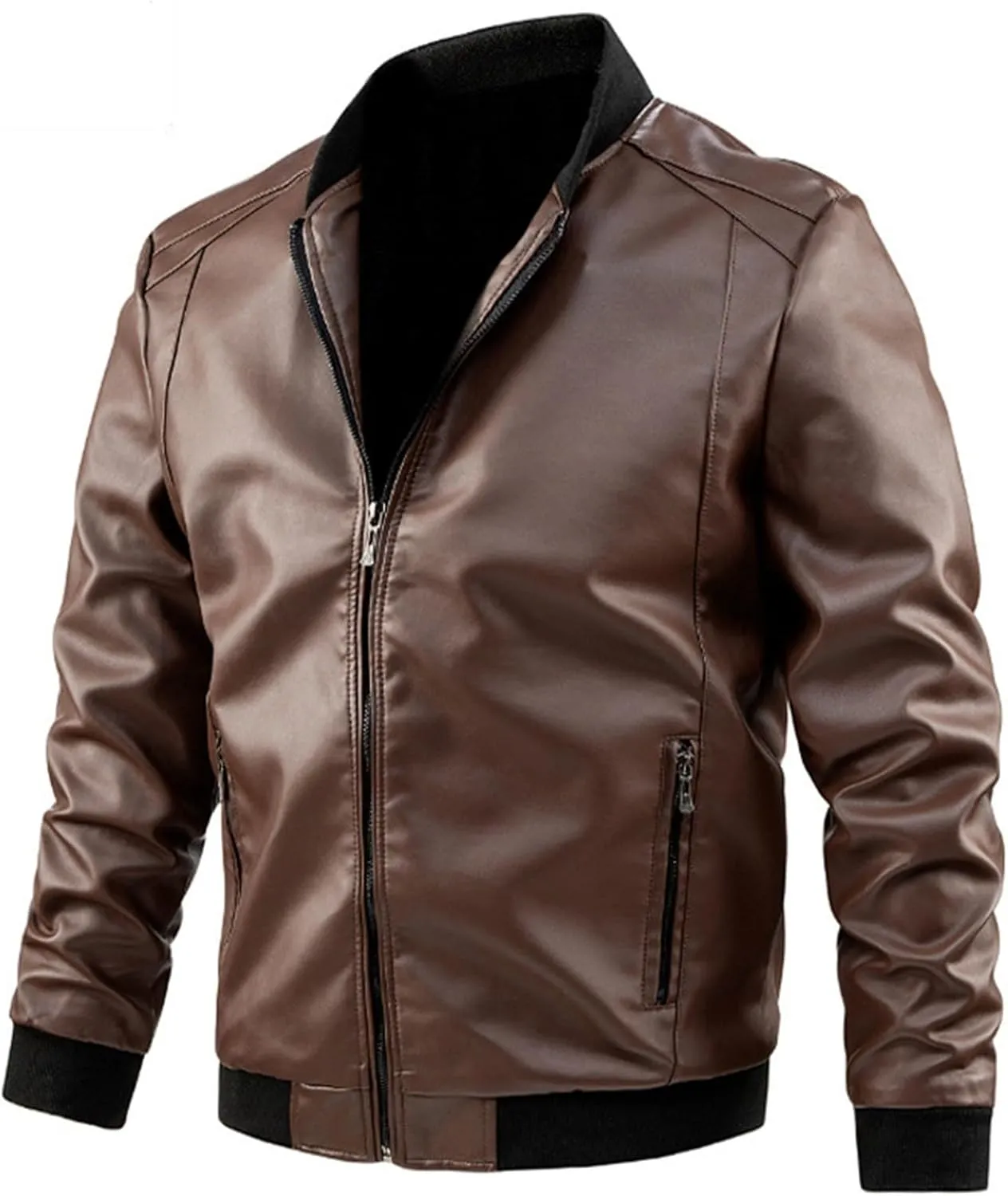 Mens Jacket and Autumn Loose Solid Color Zip PU Leather Jacket Short Lapel Motorcycle Leather Jacket Coat Faux