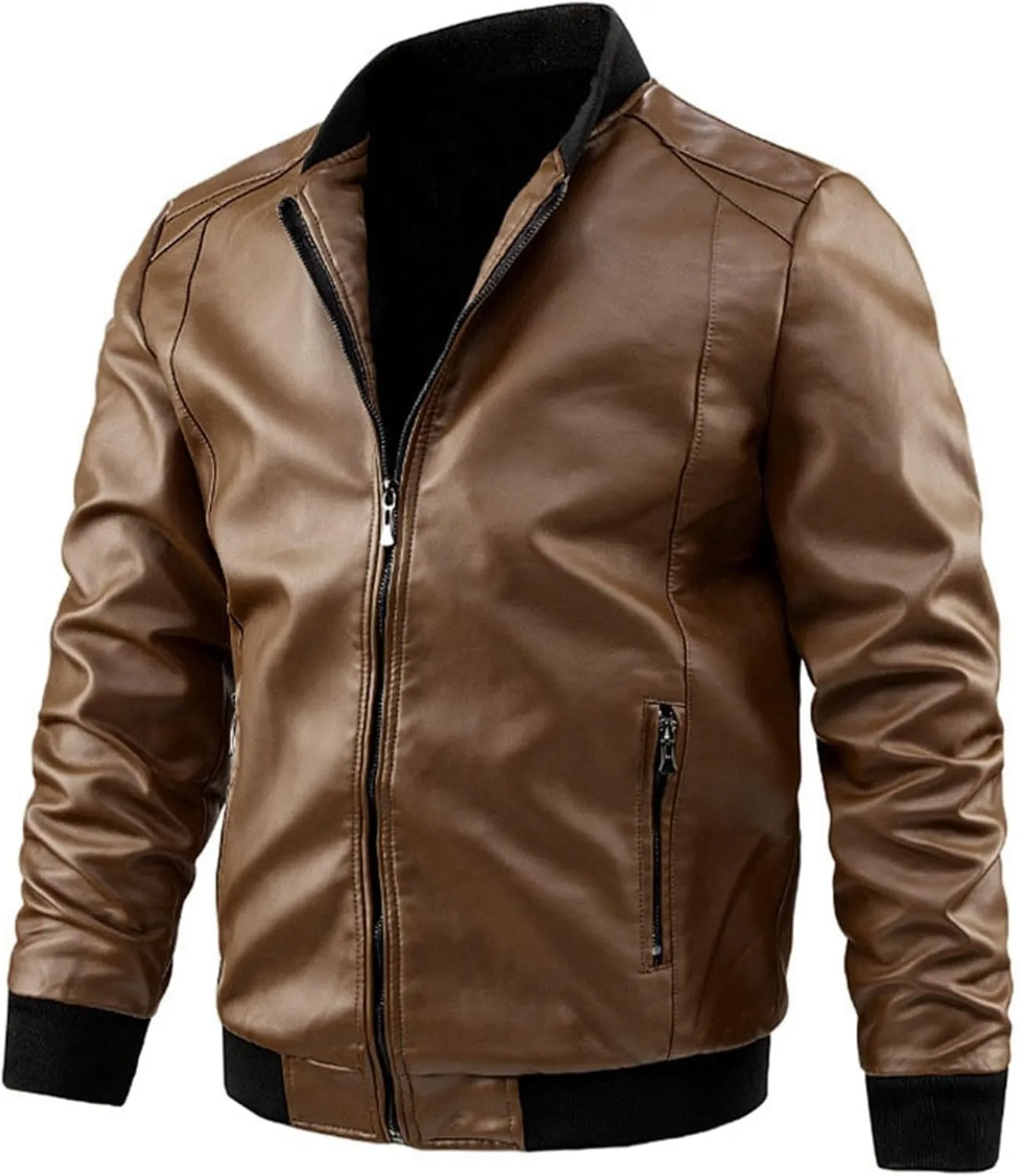 Mens Jacket and Autumn Loose Solid Color Zip PU Leather Jacket Short Lapel Motorcycle Leather Jacket Coat Faux