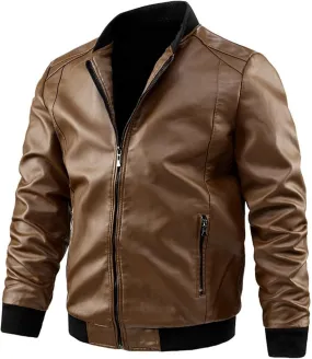 Mens Jacket and Autumn Loose Solid Color Zip PU Leather Jacket Short Lapel Motorcycle Leather Jacket Coat Faux