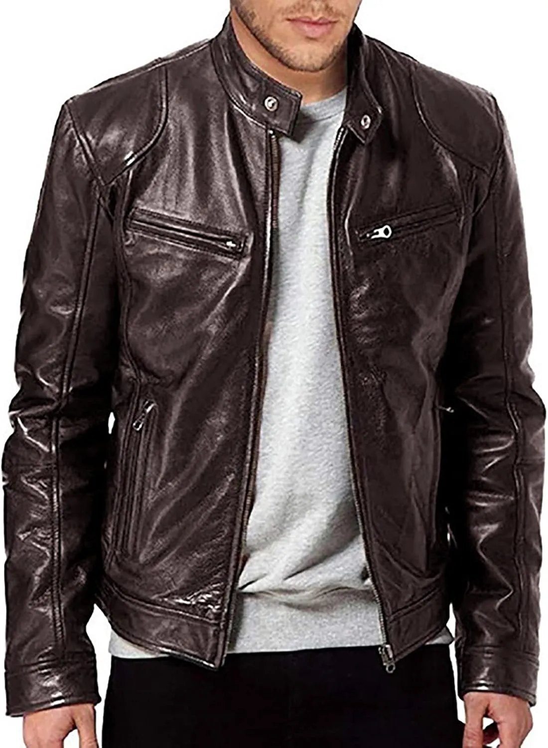 Mens Leather Jacket Stylish Zip Up Stand Collar Fall Jacket Faux Leather Motocycle Coats Big And Tall Casual Outwear