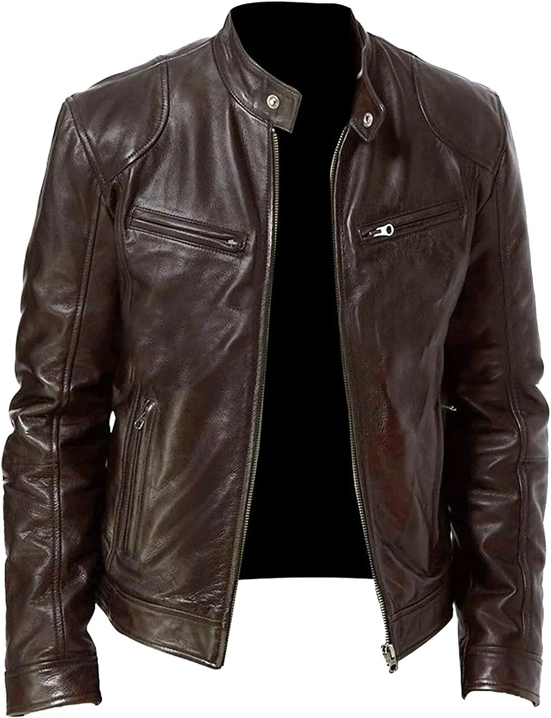 Mens Leather Jacket Stylish Zip Up Stand Collar Fall Jacket Faux Leather Motocycle Coats Big And Tall Casual Outwear