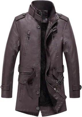 Men's Long Leather Jacket Fleece Lined Winter Coats Moto Biker Windbreaker Overcoat with Zipper Pockets