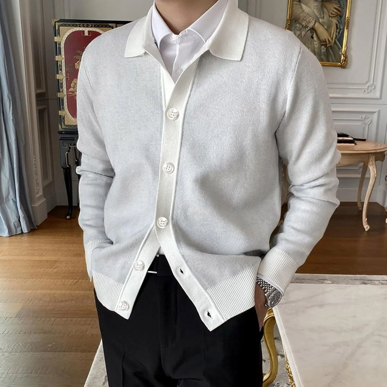Mens Long Sleeve Knit Polo Shirt Lapel Collar Cardigan Sweater Casual Button Down Knitted Sweater Cardigan Jackets