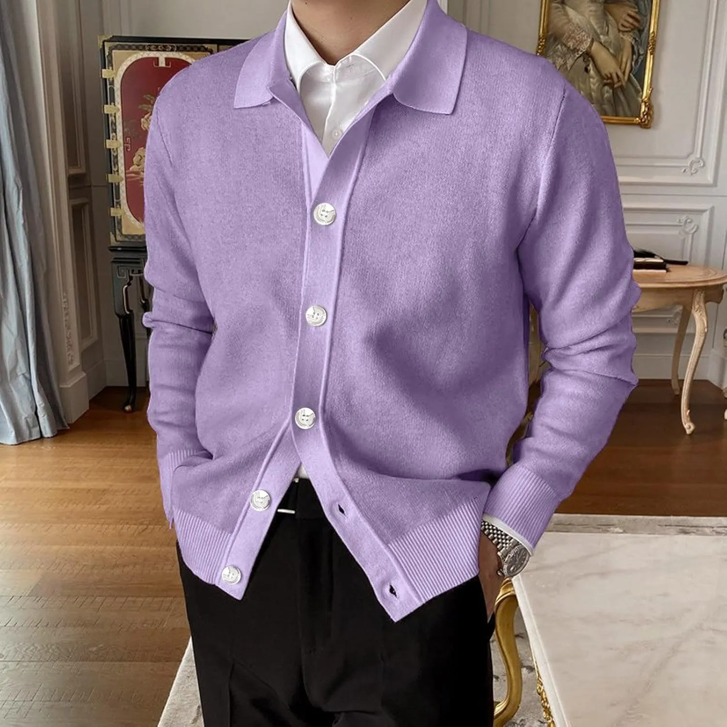 Mens Long Sleeve Knit Polo Shirt Lapel Collar Cardigan Sweater Casual Button Down Knitted Sweater Cardigan Jackets