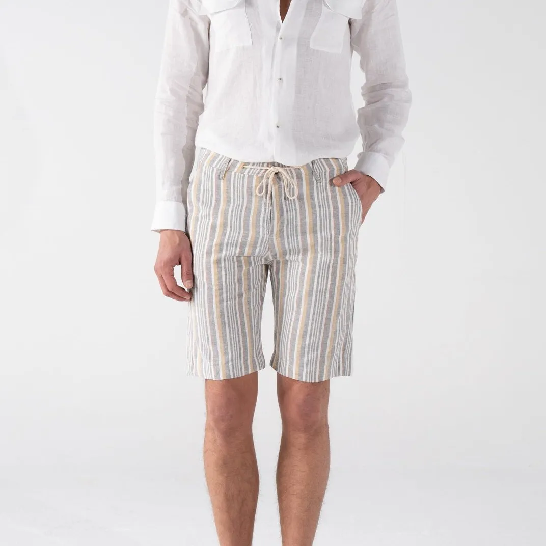 Men's Pale Terra Cotta Blue Striped Linen Chino Shorts Slim Fit