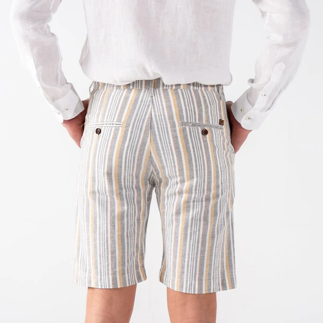 Men's Pale Terra Cotta Blue Striped Linen Chino Shorts Slim Fit