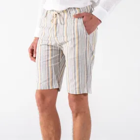 Men's Pale Terra Cotta Blue Striped Linen Chino Shorts Slim Fit