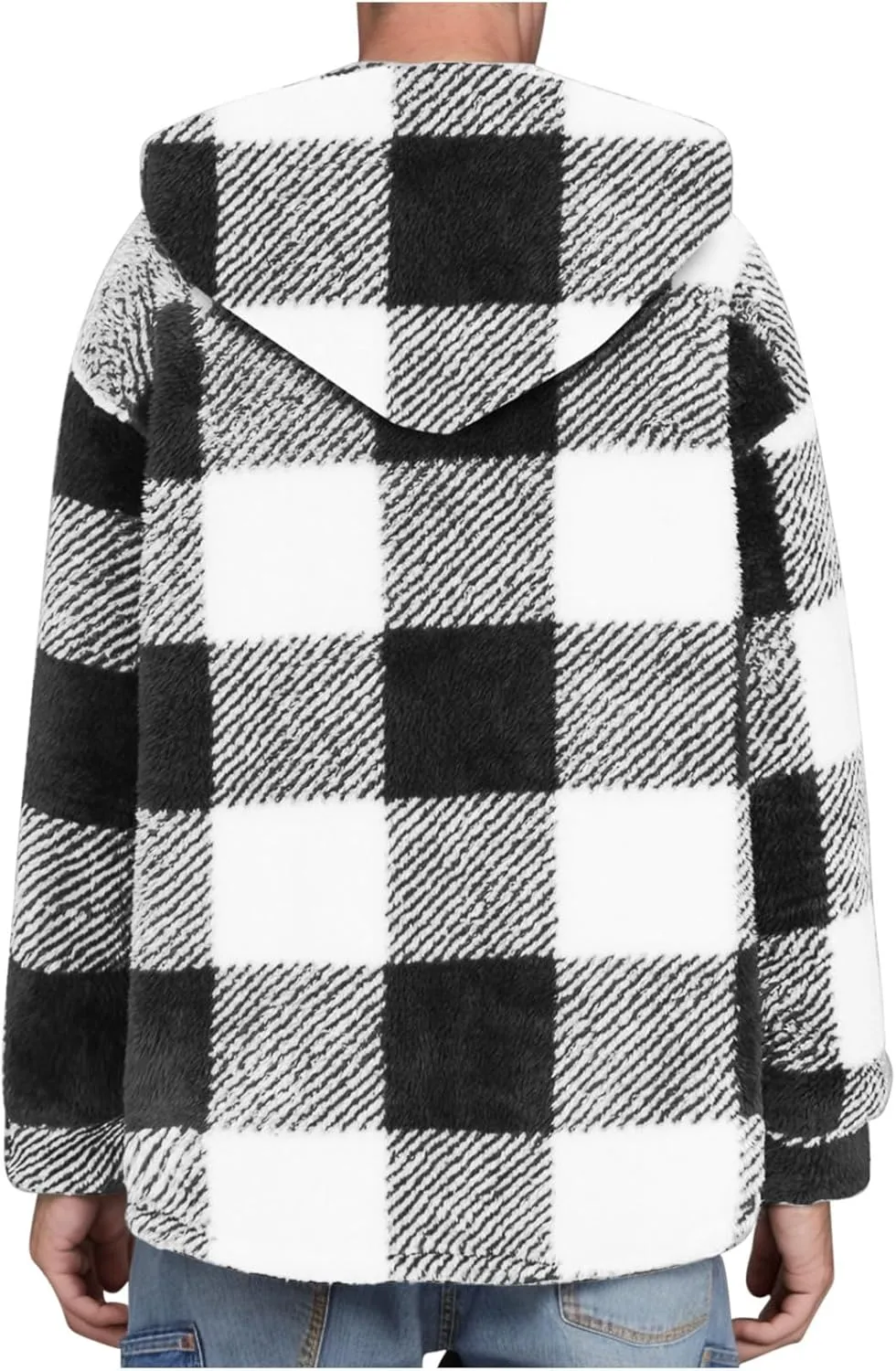 Mens Plaid Jackets 2024 Winter Warm Fuzzy Fleece Cardigans Jackets Plus Size Button Down Long Sleeve Hooded Coat