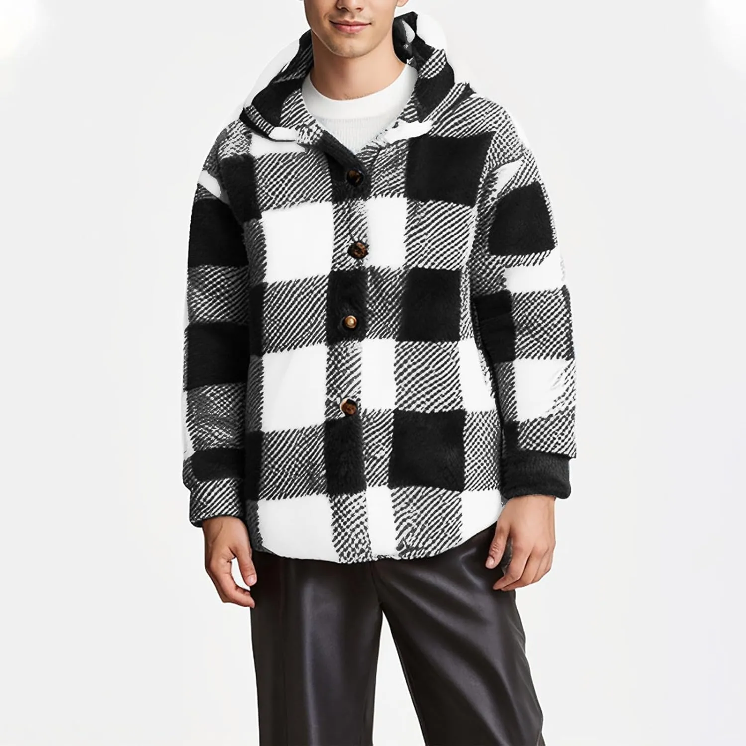 Mens Plaid Jackets 2024 Winter Warm Fuzzy Fleece Cardigans Jackets Plus Size Button Down Long Sleeve Hooded Coat