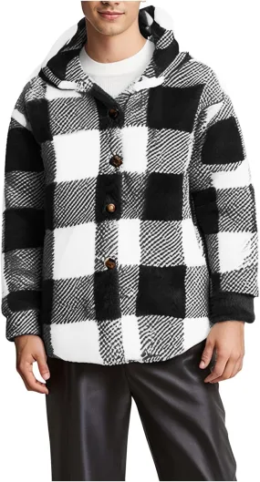 Mens Plaid Jackets 2024 Winter Warm Fuzzy Fleece Cardigans Jackets Plus Size Button Down Long Sleeve Hooded Coat