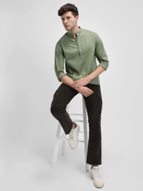 Men's Pop Over Mandarin Collar Slim Fit Solid Green Casual Shirts