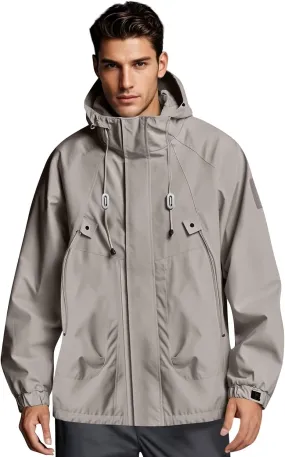 Mens Rain Jacket Drawstring Lightweight Waterproof Rain Coats Ponchos Sun Protective Outdoor Jacket with Hooded