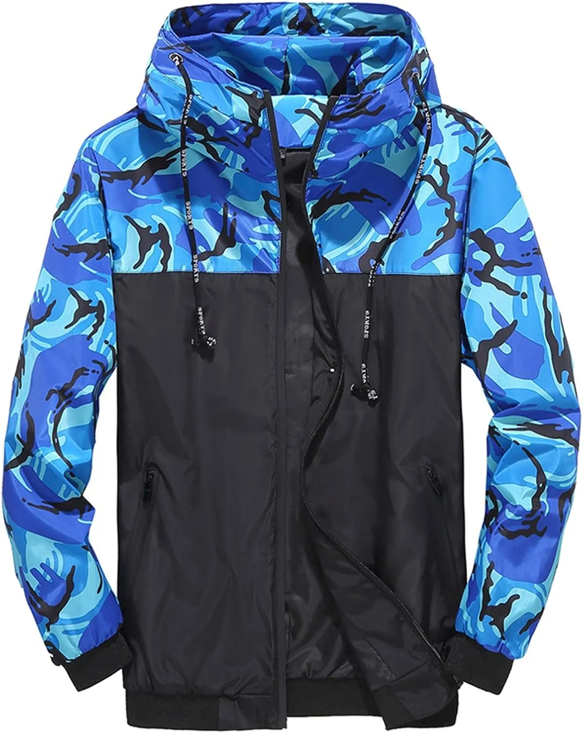 Mens Rain Jackets Zip Up Hooded Waterproof Windbreakers Loose Lightweight Coats Fashion Camo Jackets with Pockets