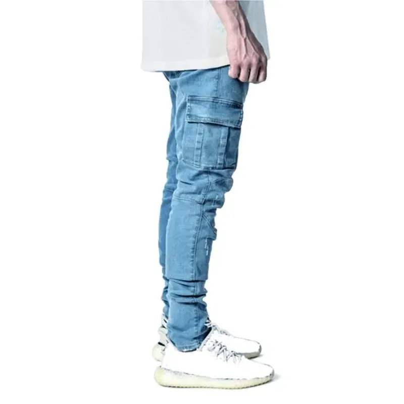 Men's Slim Fit Multi-Pocket Stretch Denim Cargo Pants - Solid Color Skinny Jeans for Autumn & Winter