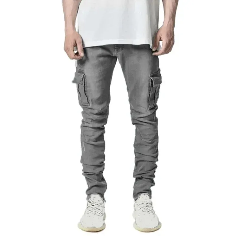 Men's Slim Fit Multi-Pocket Stretch Denim Cargo Pants - Solid Color Skinny Jeans for Autumn & Winter