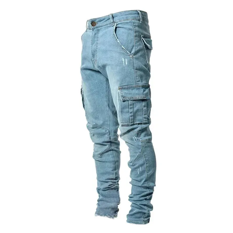 Men's Slim Fit Multi-Pocket Stretch Denim Cargo Pants - Solid Color Skinny Jeans for Autumn & Winter