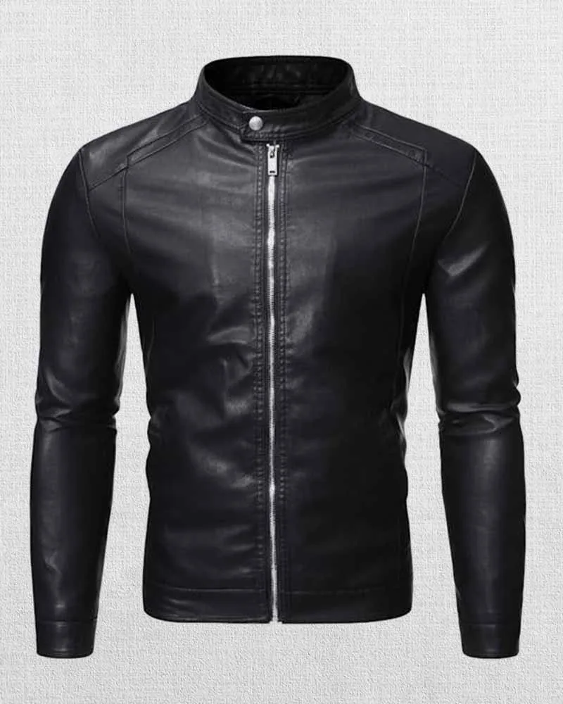 MEN'S STAND COLLAR ZIP LEATHER JACKET