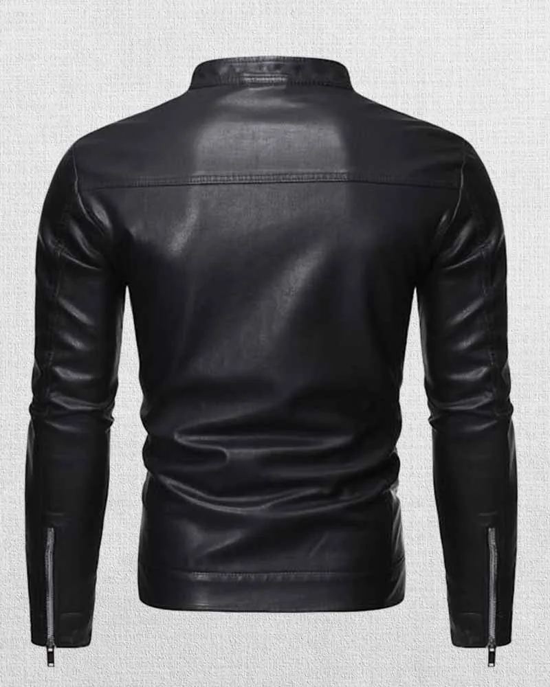 MEN'S STAND COLLAR ZIP LEATHER JACKET