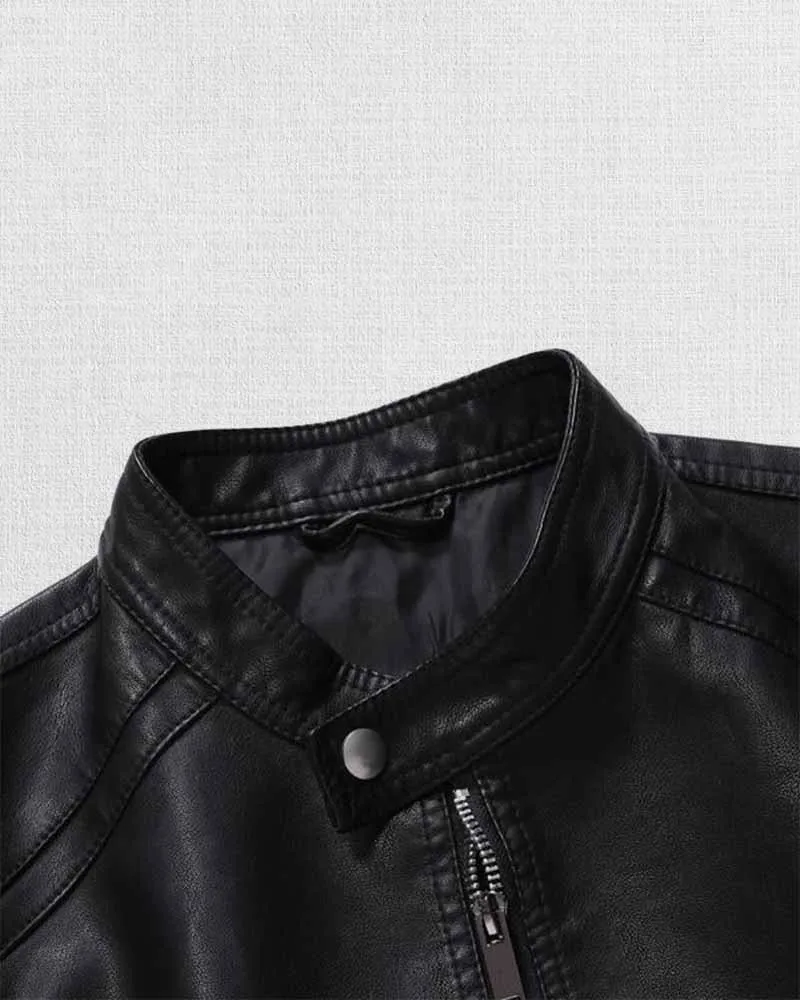 MEN'S STAND COLLAR ZIP LEATHER JACKET