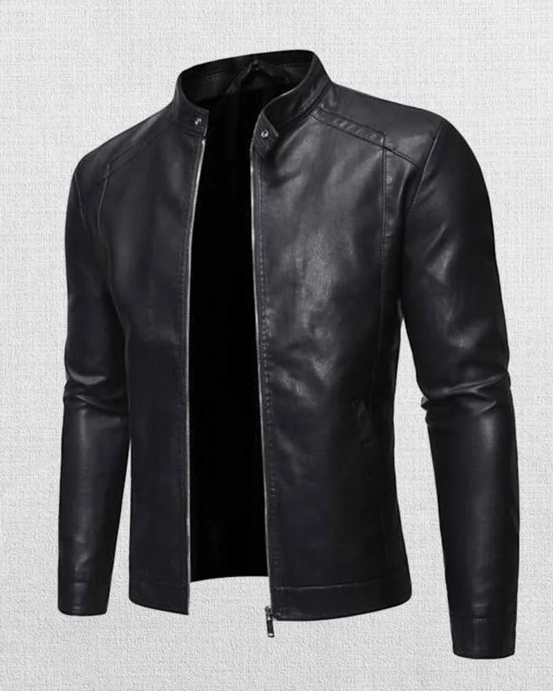 MEN'S STAND COLLAR ZIP LEATHER JACKET