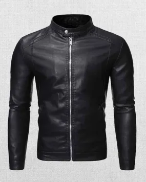 MEN'S STAND COLLAR ZIP LEATHER JACKET
