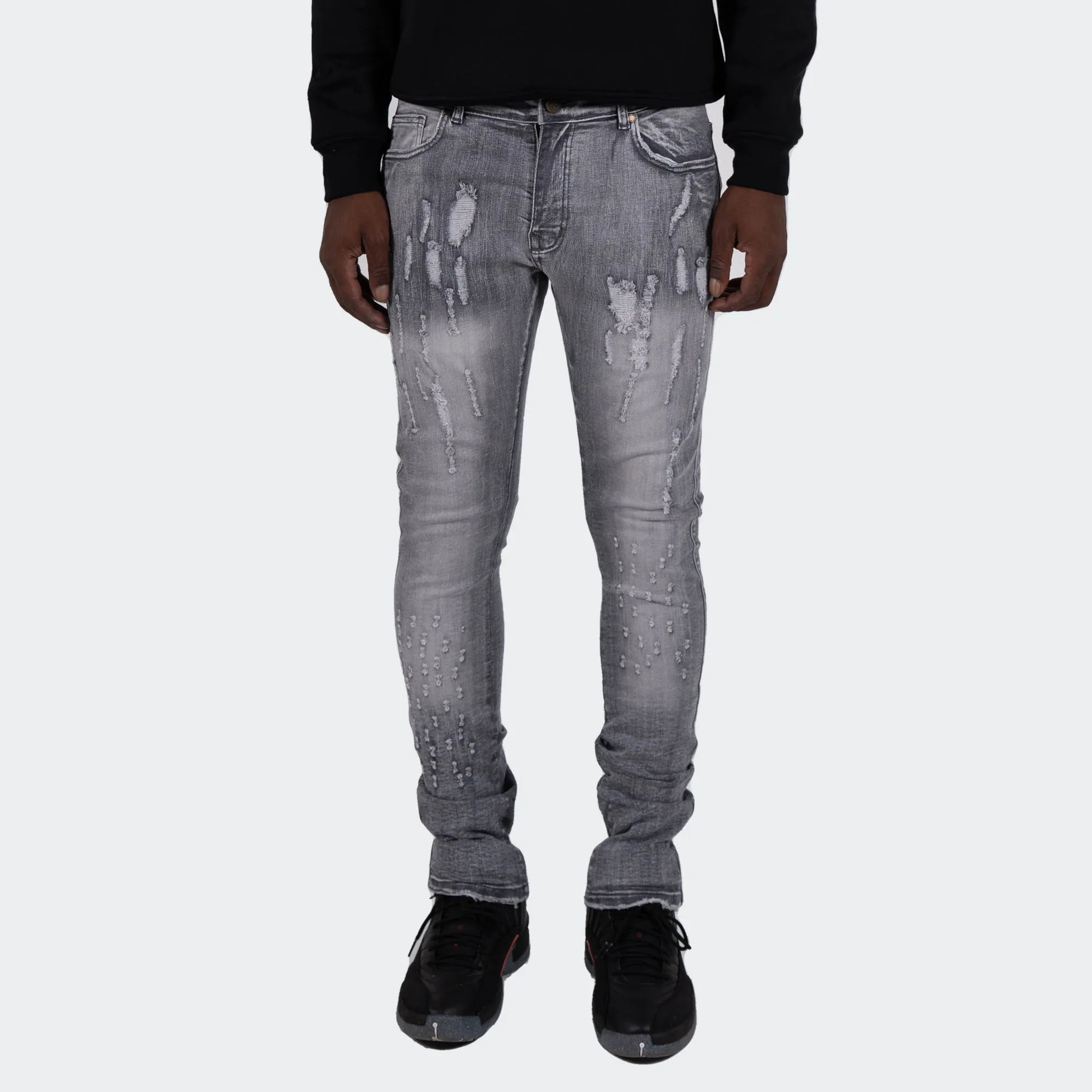 Men's TWO MILL TWENTY "Armitage" Slim Skinny Scratched Frosted Acid Wash Urban Streetstyle Designer Denim Jeans Grey Frost