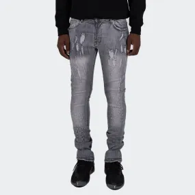 Men's TWO MILL TWENTY "Armitage" Slim Skinny Scratched Frosted Acid Wash Urban Streetstyle Designer Denim Jeans Grey Frost