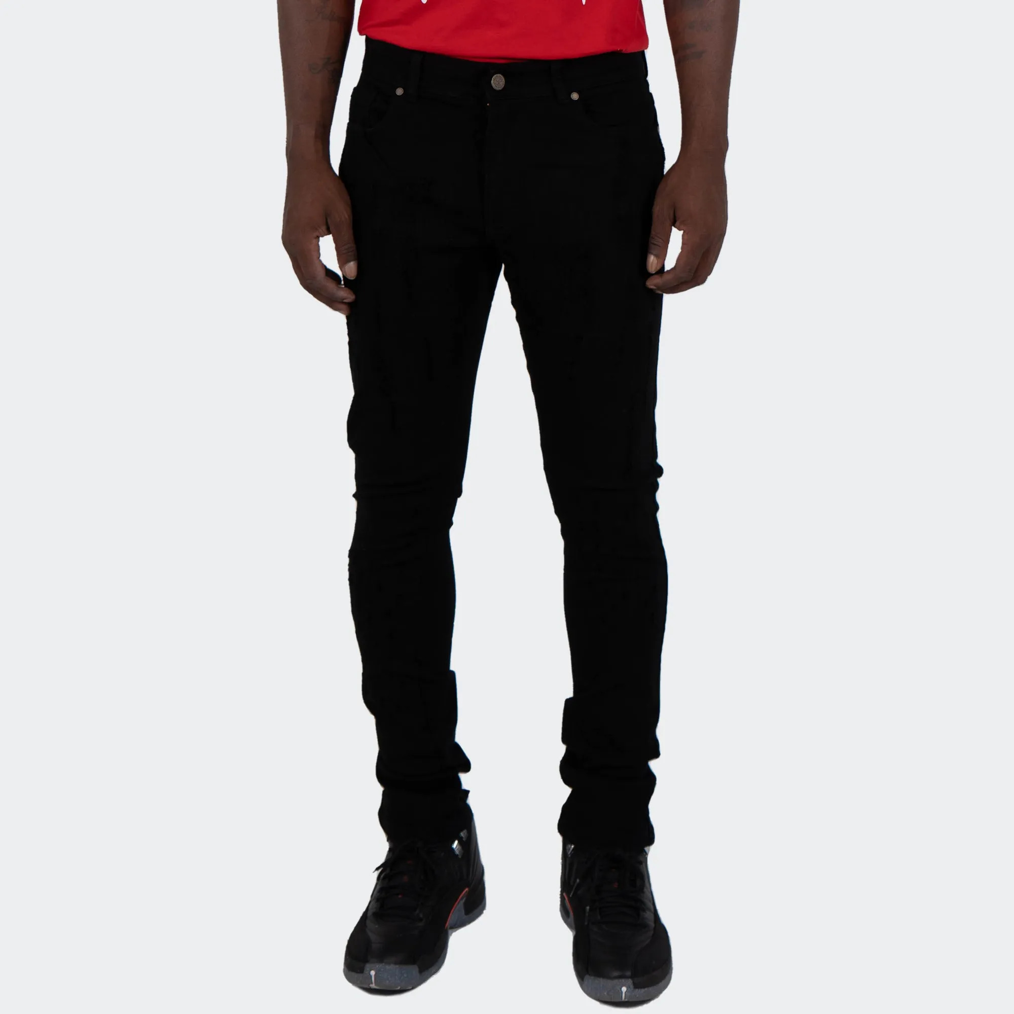Men's TWO MILL TWENTY "Elston" Slim Skinny Scratched Stitch Repaired Urban Streetwear Designer Fashion Denim Jeans Black