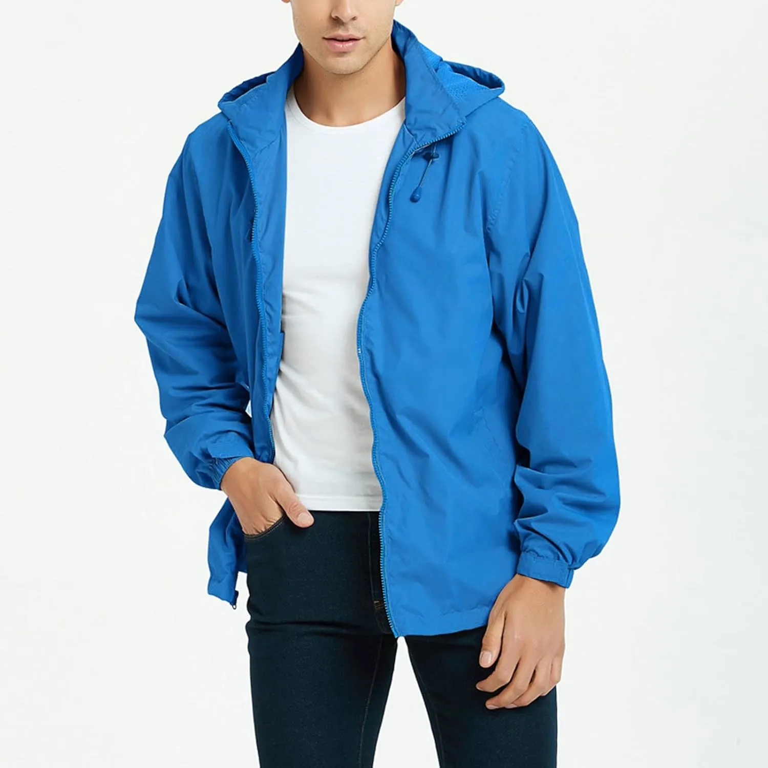 Mens Waterproof Travel Jackets Lightweight Hooded Raincoat with Pockets Running Cycling Hiking Windbreakers for Men