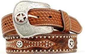 Men's Western Tan Leather/Calf Hair Texas Star Belt by Nocona (1-1/2")
