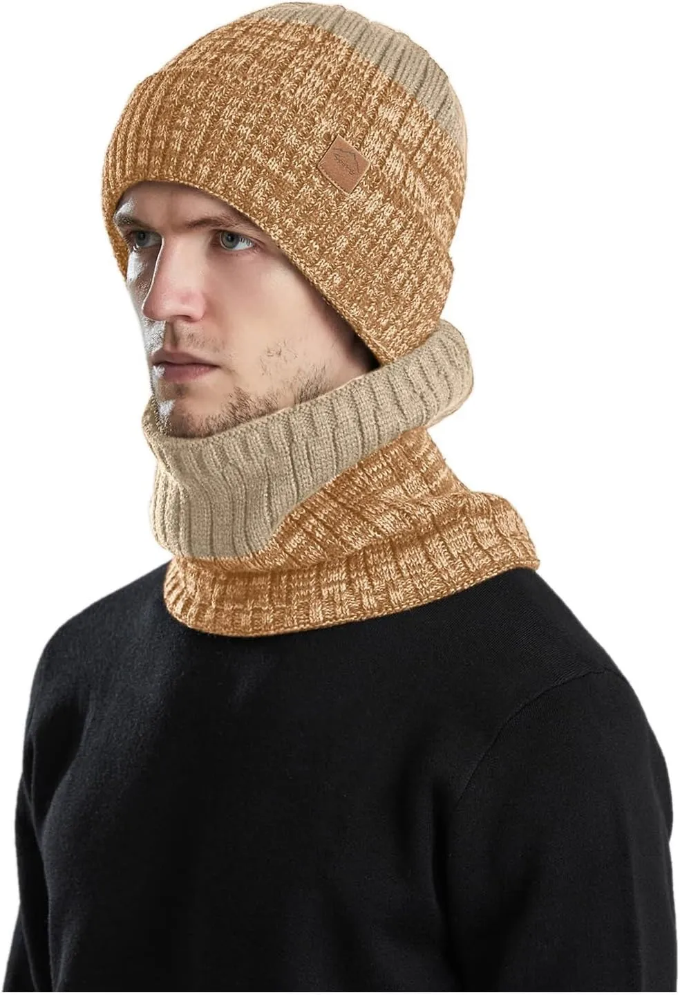 Mens Womens Winter Beanie Hat Scarf Set Slouchy Knit Beanie Skull Caps Ribbed Cuffed Beanies Cap Stretch Thermal Cap