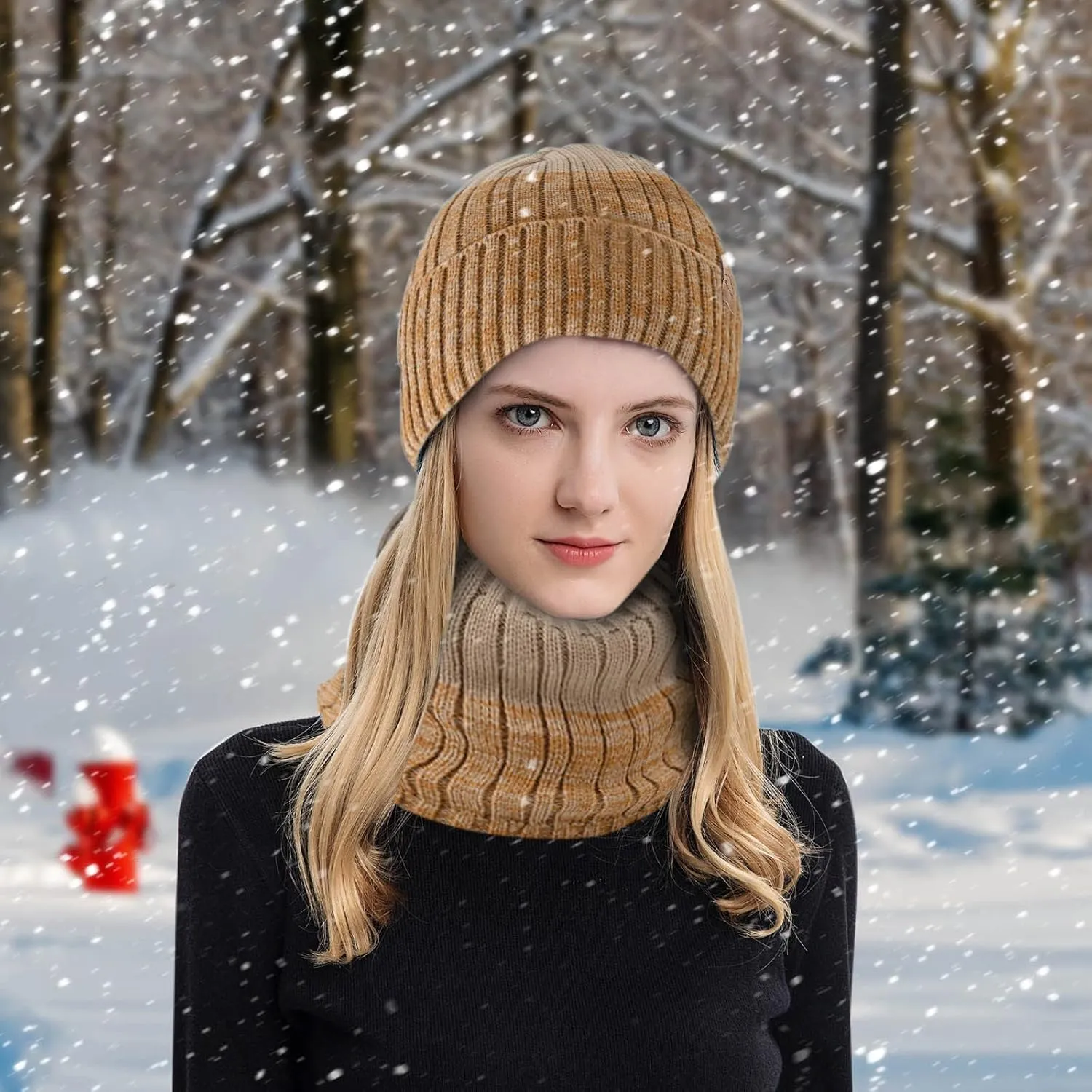 Mens Womens Winter Beanie Hat Scarf Set Slouchy Knit Beanie Skull Caps Ribbed Cuffed Beanies Cap Stretch Thermal Cap