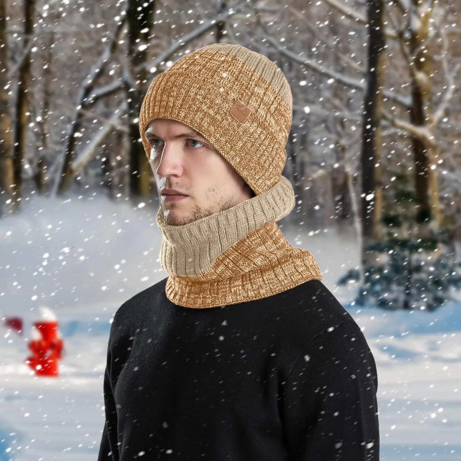 Mens Womens Winter Beanie Hat Scarf Set Slouchy Knit Beanie Skull Caps Ribbed Cuffed Beanies Cap Stretch Thermal Cap