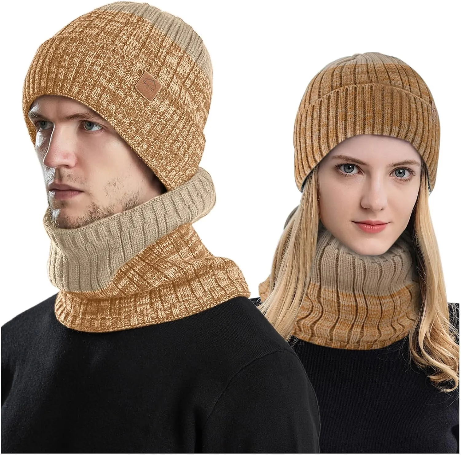 Mens Womens Winter Beanie Hat Scarf Set Slouchy Knit Beanie Skull Caps Ribbed Cuffed Beanies Cap Stretch Thermal Cap