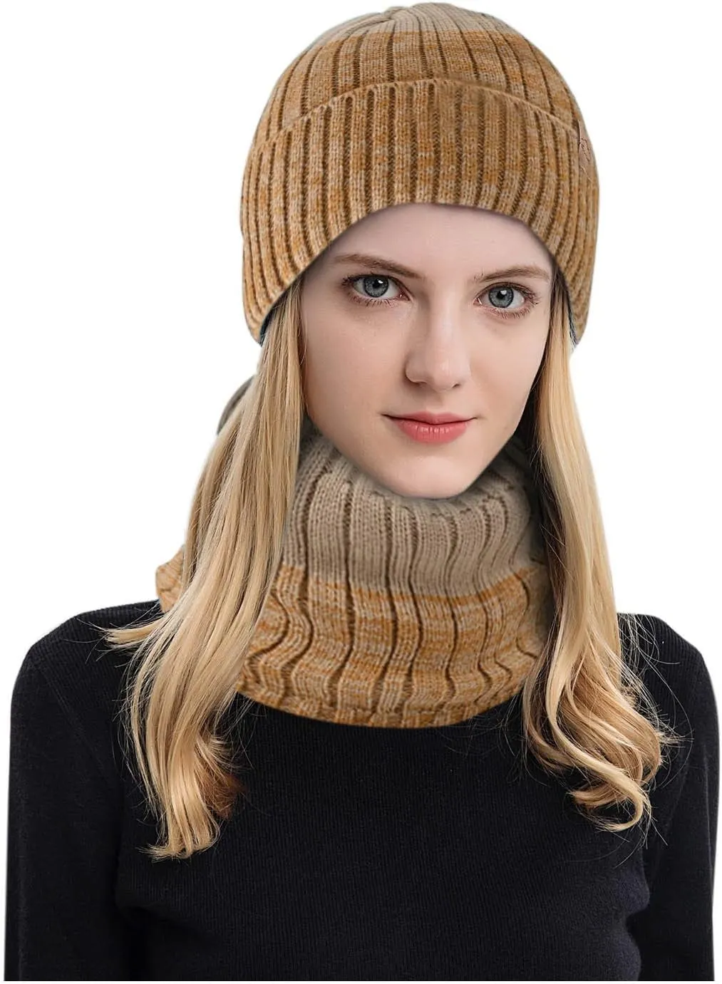 Mens Womens Winter Beanie Hat Scarf Set Slouchy Knit Beanie Skull Caps Ribbed Cuffed Beanies Cap Stretch Thermal Cap