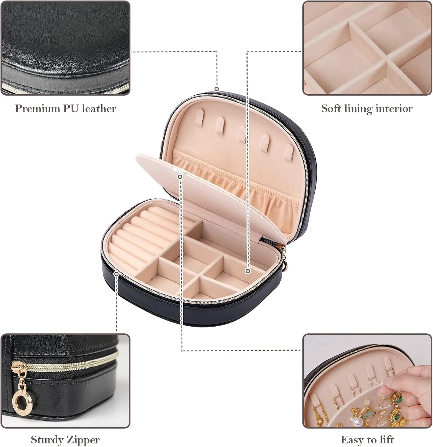 ProCase Travel Size Jewelry Box, Small Portable Seashell-Shaped Jewelry Case, 2 Layer Mini Jewelry Organizer in PU Leather for Women -Black