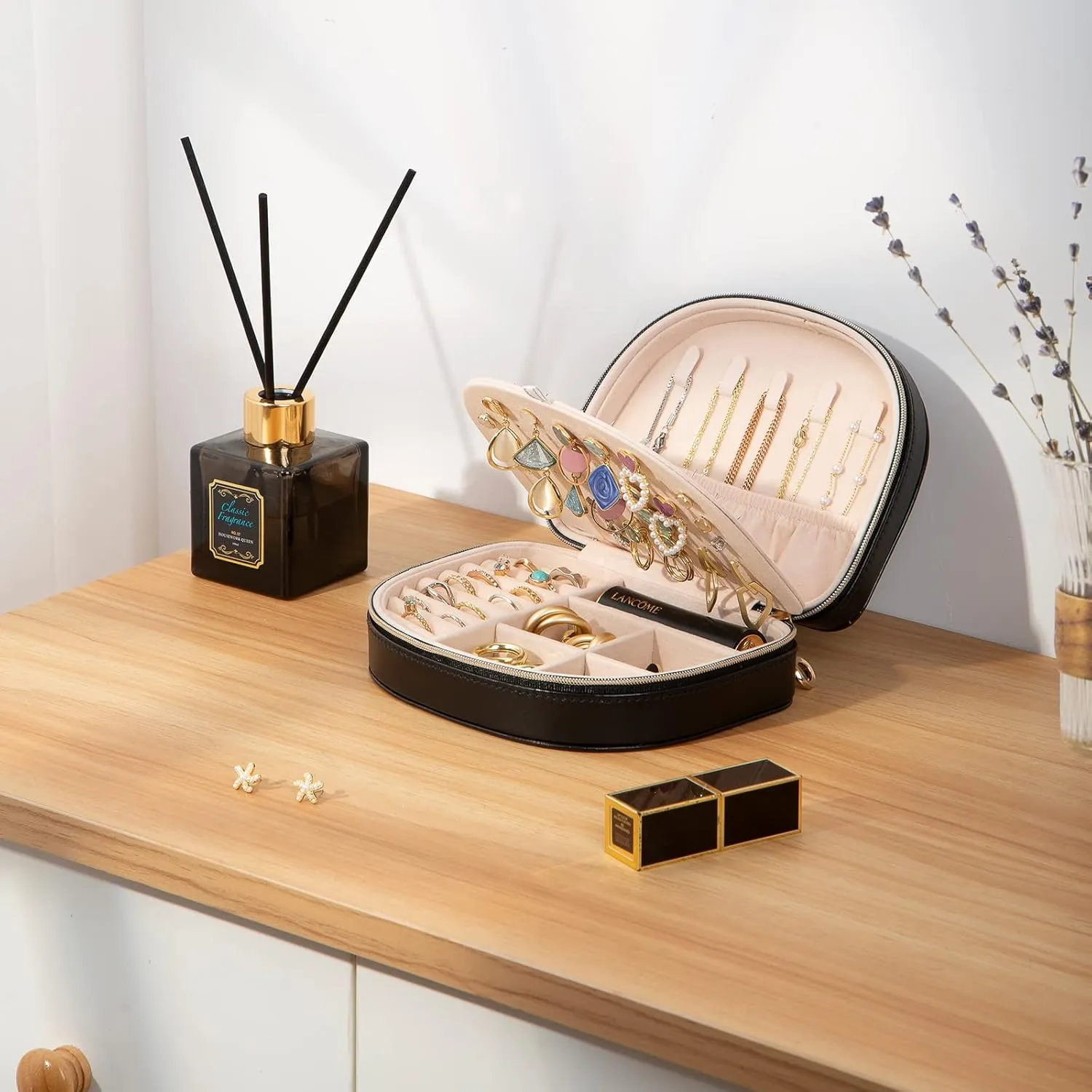 ProCase Travel Size Jewelry Box, Small Portable Seashell-Shaped Jewelry Case, 2 Layer Mini Jewelry Organizer in PU Leather for Women -Black