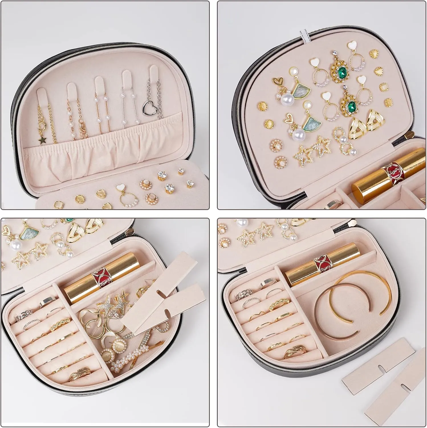 ProCase Travel Size Jewelry Box, Small Portable Seashell-Shaped Jewelry Case, 2 Layer Mini Jewelry Organizer in PU Leather for Women -Black